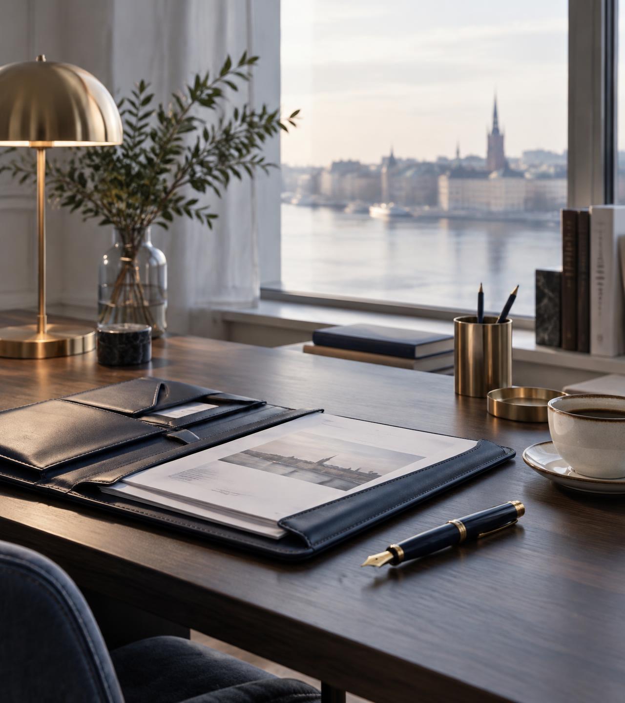 Ett lugnt kontorsskrivbord med dokumentmapp, reservoarpenna och kaffe vid ett fönster